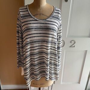 PLEIONE | blue white long sleeve knit front swing top M